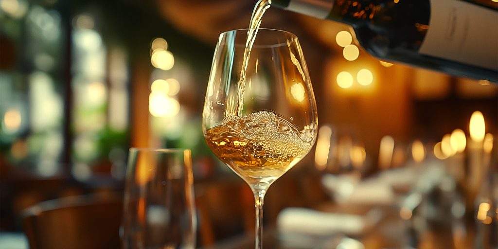 White wine being poured into a wine glass with restaurant in the background