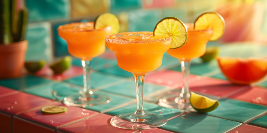 Three tequila and Aperol Margaritas in a colourful kitchen setting