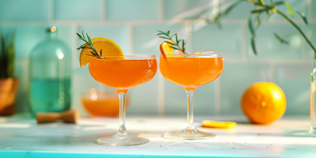 Two Autumn Sun tequila Aperol cocktails in a blue-themed kitchen setting