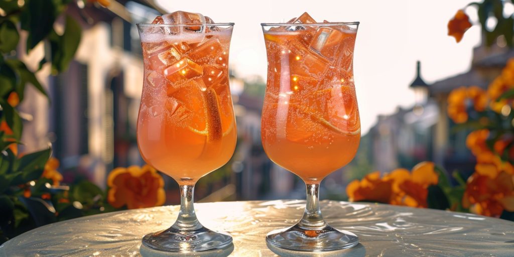 Two Dead Man’s Handle cocktails on a table outside at a small restaurant on an Italian town square