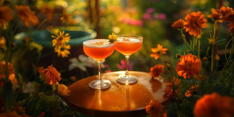 Two Aperol Tequila cocktails on a small table in the middle of a blooming flower garden at the first hint of dusk with light filtering through colorful flowers