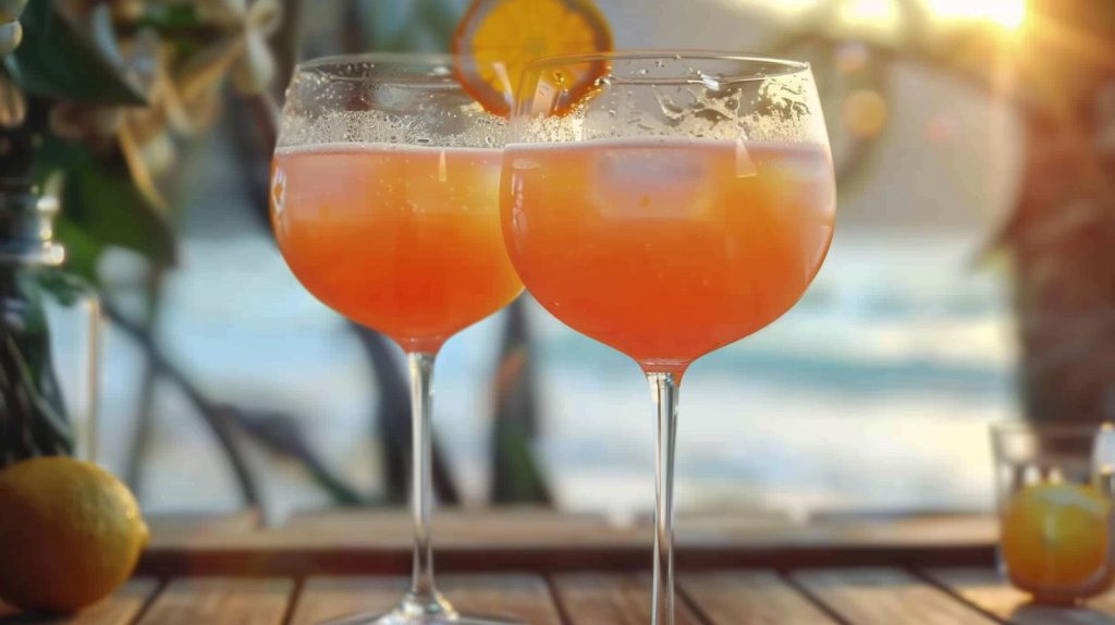 Two Mexican Spritz cocktails on a table with a beach view, daytime, sunny