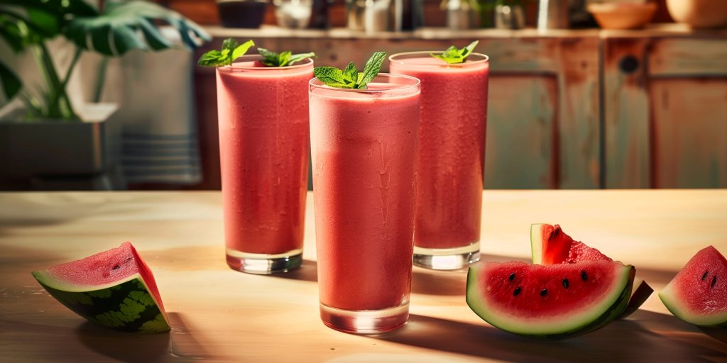 Three Creamy Watermelon Smoothie Spring mocktails in a kitchen setting