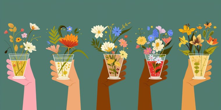 Vector illustration of hands in varying skin tones holding glasses filled with springtime flowers against a flat blue backdrop
