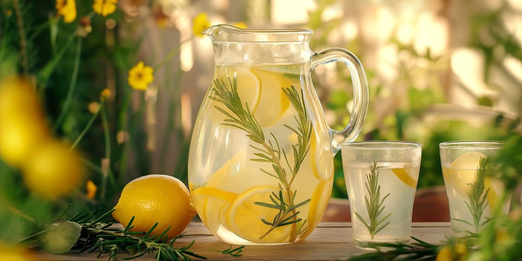 A jug of rosemary lemonade with two empty glasses next to it on a table in a garden