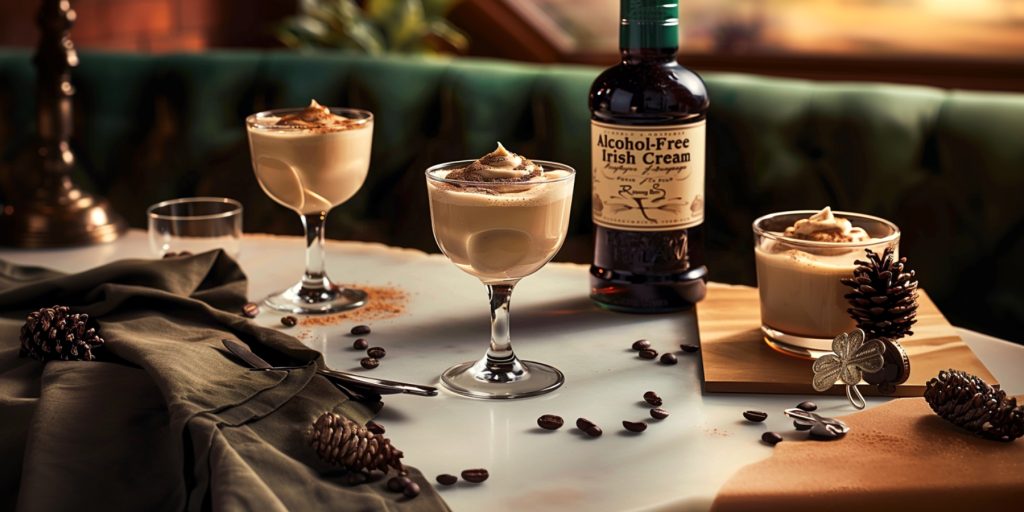 Three creamy coffee St. Patrick's Day mocktails next to a bottle of alcohol-free Irish Cream