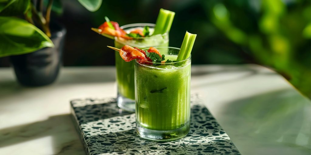Two Green Virgin Mary St. Patrick's Day Mocktails garnished with celery and bacon
