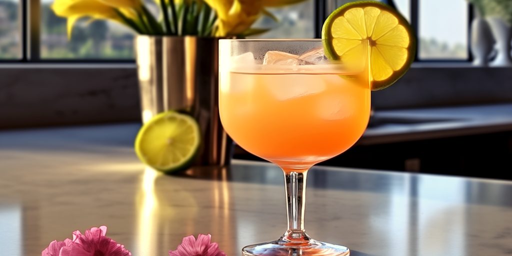 Pineapple Princess cocktail on a table in a modern home kitchen decorated in shades of white and yellow