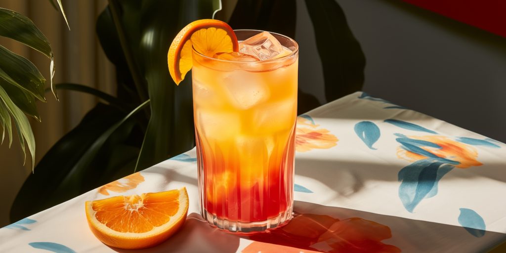 A Pineapple Tequila Sunrise cocktail on a table covered in a colourful tablecloth with natural light coming in through a window