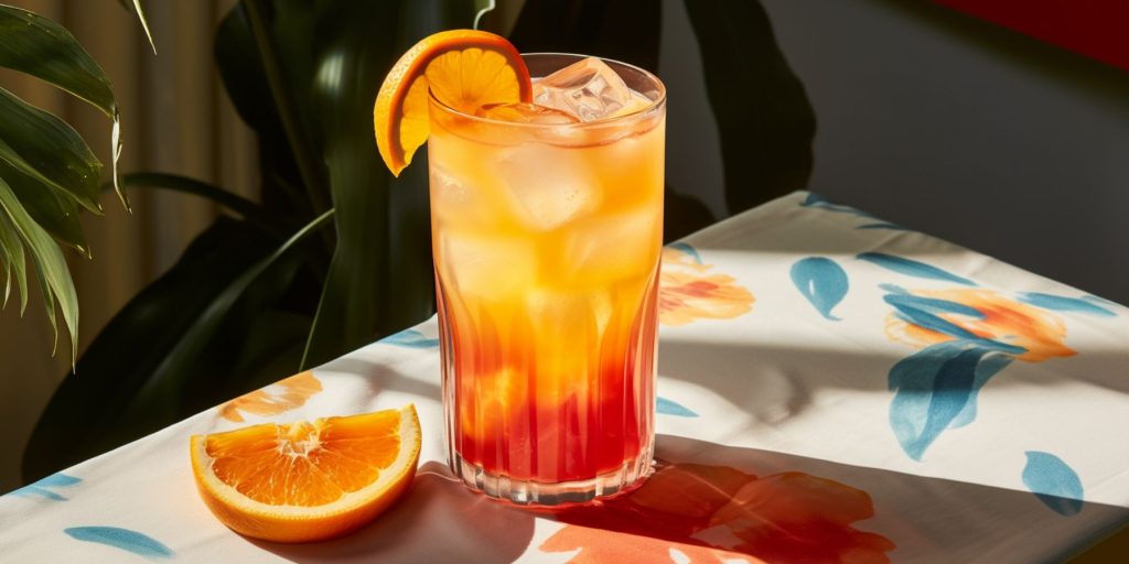 Two Pineapple Tequila Sunrise cocktails on a table covered in a colourful tablecloth with natural light coming in through a window