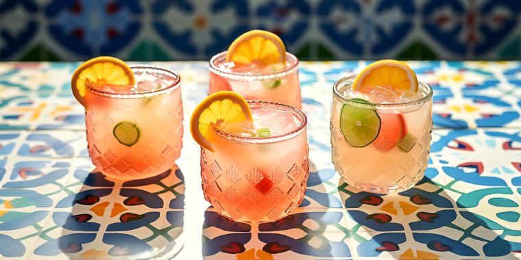 Close up of four Paloma cocktails in colourful glasses set on a tabletop covered in traditional Mexican tiles in hues of blue and other bright shades