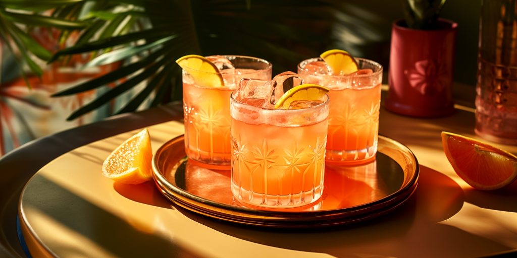 A tray of Mezcal Paloma variations served on a tray with fresh lemon wheel garnish