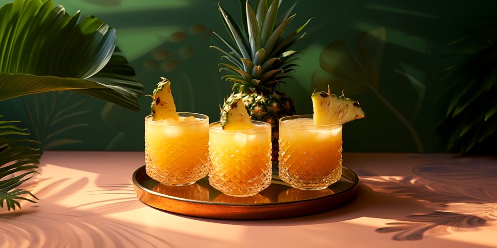 Three Pineapple Paloma variation cocktails on a golden tray with a pineapple in the background