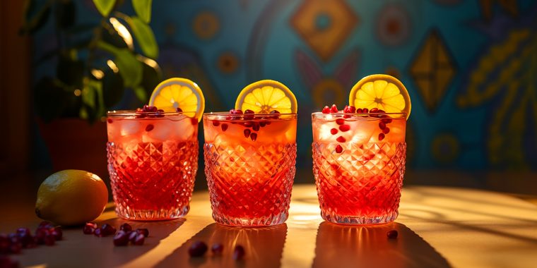 Three Pomegranate Rose Paloma variation cocktails served in a Mexican setting