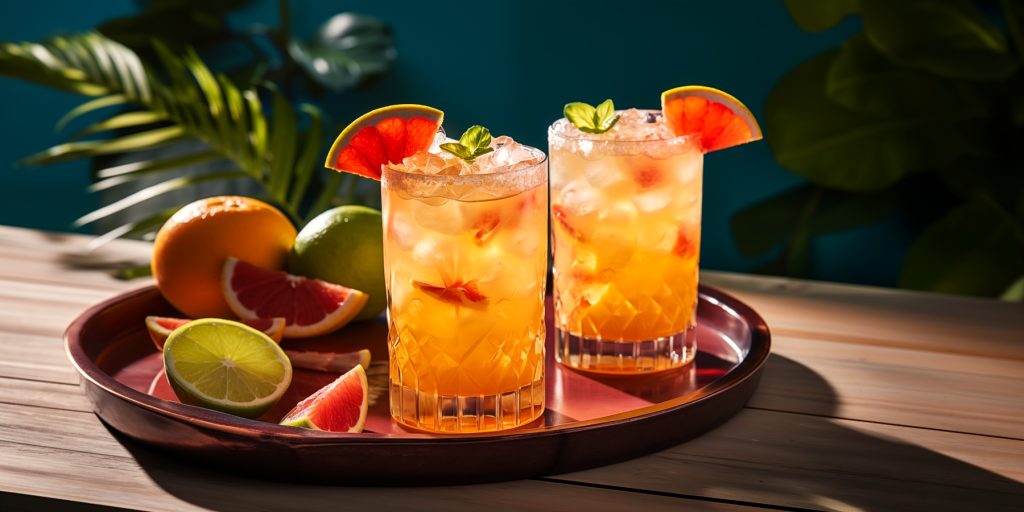 Two Rum Paloma variations served with brightly coloured citrus on a tray