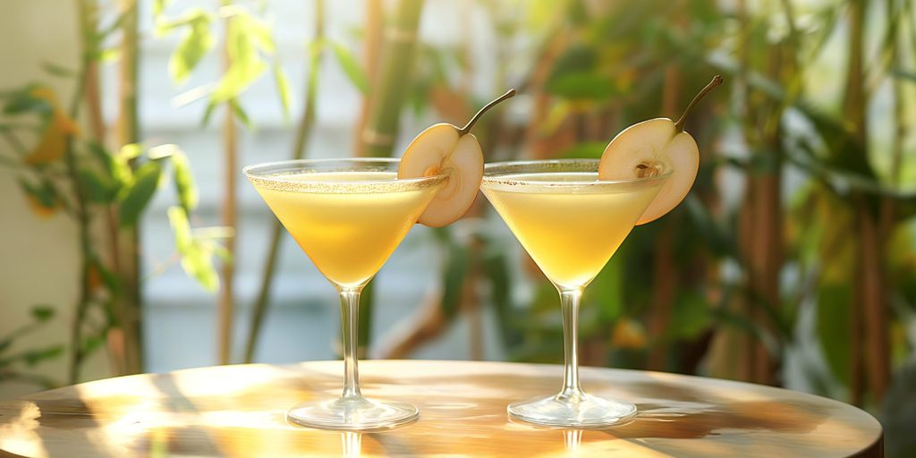 Two Asian Pear Cocktail on a table in a Japanese courtyard with lots of bamboo and greenery