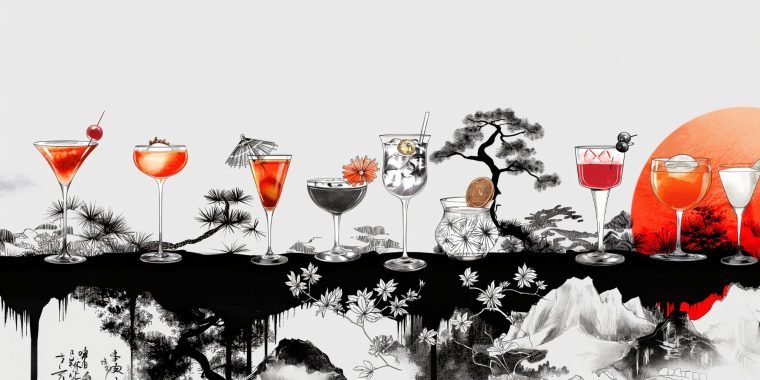 Black and white line drawing of various Asian cocktails against a backdrop that depicts a Japanese landscape, with splashes of red throughout the image