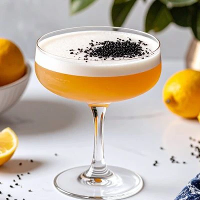 A single coupe glass of the Toasted Sesame Sour, with a thick foam top sprinkled with black sesame seeds. Lemons and scattered seeds sit nearby on a white surface.