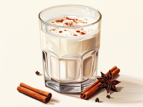 Colour illustration of a Brandy Milk Punch with ground cinnamon garnish, white background