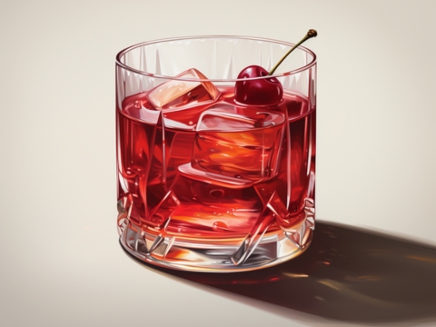 Classic colour illustration of a bright red Cherry Moon cocktail