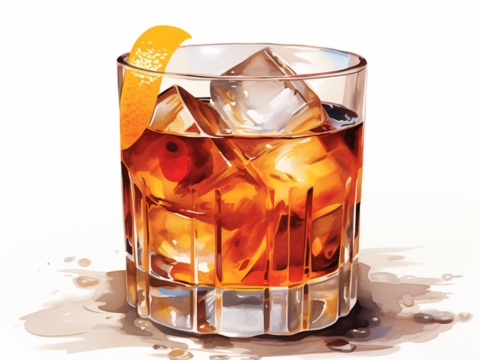 Colour illustration of a Rum Old Fashioned with an orange peel garnish