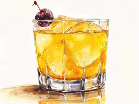 Colour pencil illustration of a Test Pilot cocktail with dark cherry garnish