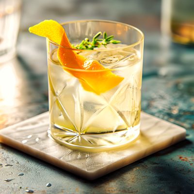 A White Negroni made with Lillet Blanc with an orange twist and thyme garnish