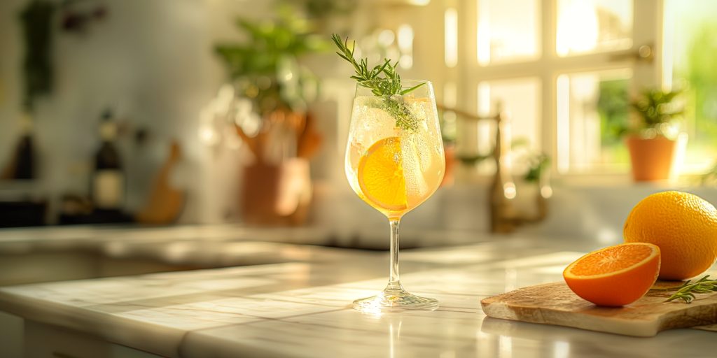 A Lillet Blanc Spritz with fresh orange and rosemary garnish served in a kitchen setting