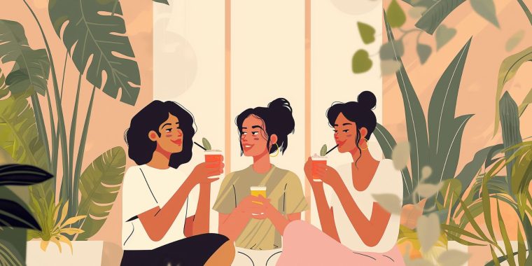 Vector illustration of three friends drinking mindfully in a tranquil room filled with lots of plants