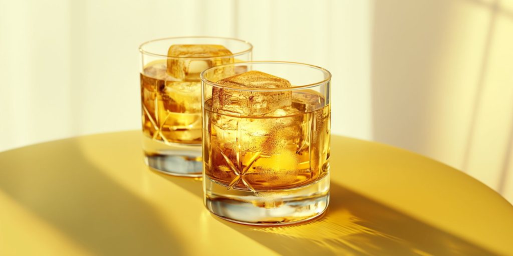 Two Banana Old Fashioned cocktails on a table in a minimalist home kitchen in daytime