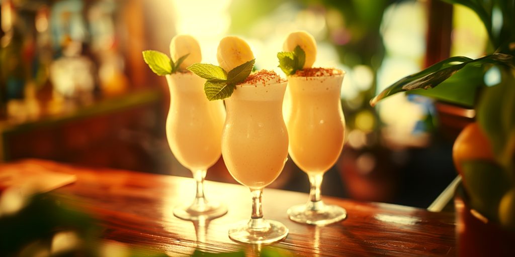 Three Dirty Banana liqueur cocktails with banana and mint garnish