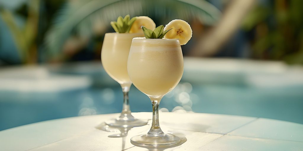 Two Frozen Banana Daiquiri cocktails outside on a table next to a home pool