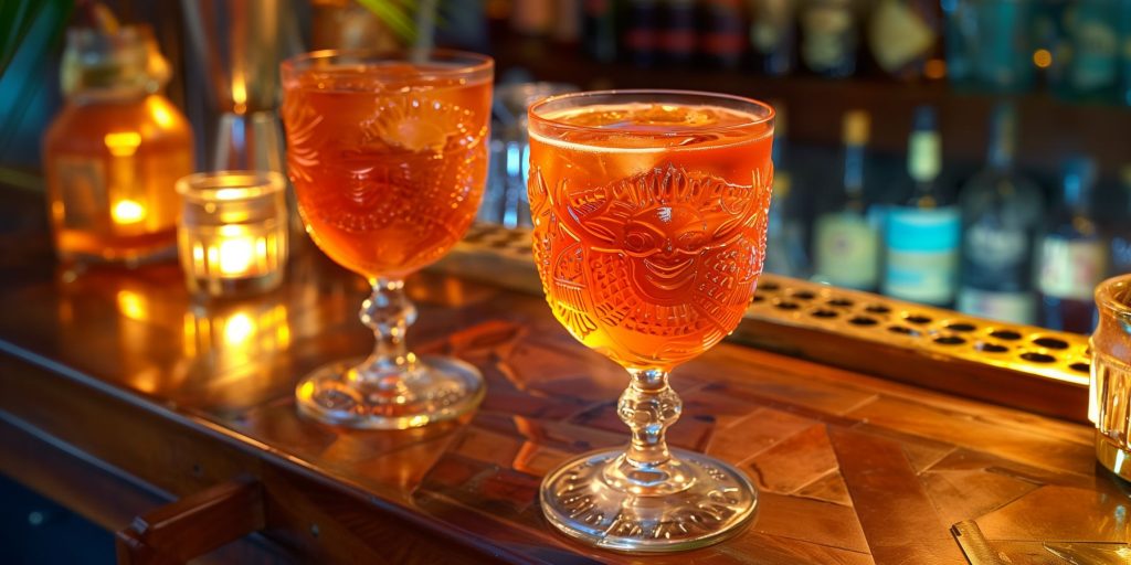 Two Midnight Oil cocktails on the counter of a home Tiki bar