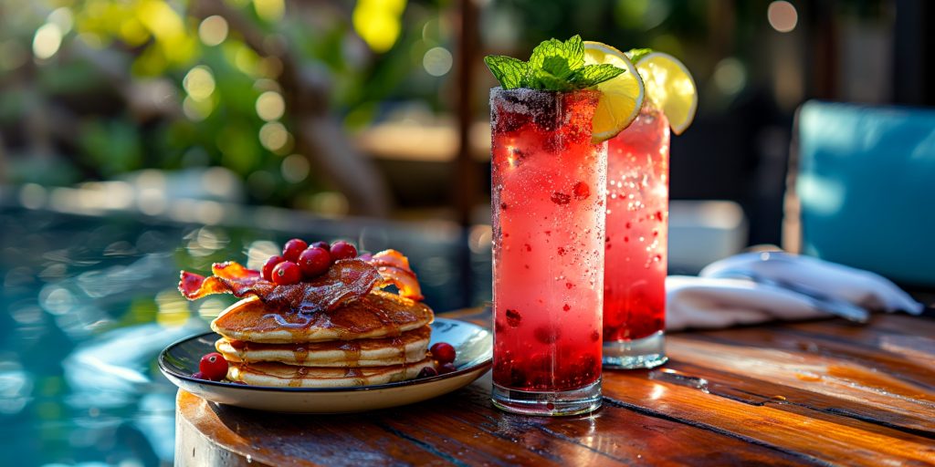 Two Virgin Cranberry Mojitos served with a stack of pancakes with crispy bacon on a table next to a swimming pool
