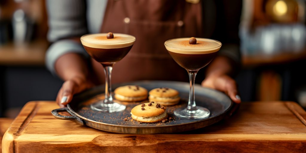 A woman holding a tray of non-alcoholic espresso martini brunch mocktails and shortbread biscuits