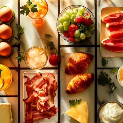 A top view shot on tiled surface of different brunch items, including brunch mocktails, fruit, egg, bacon, cheese and croissants