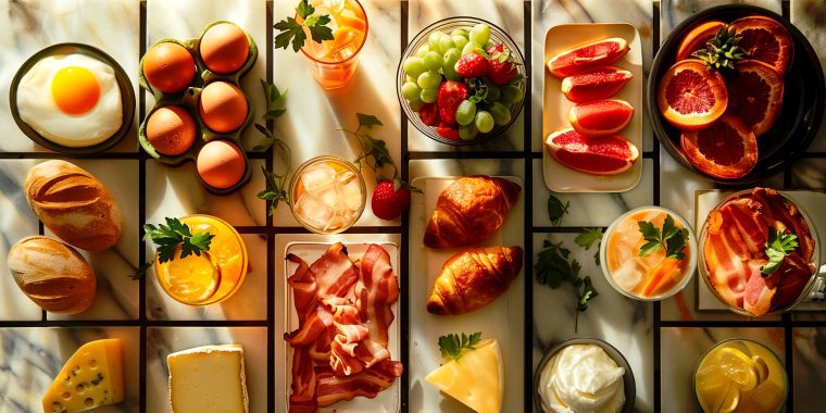 A top view shot on tiled surface of different brunch items, including brunch mocktails, fruit, egg, bacon, cheese and croissants