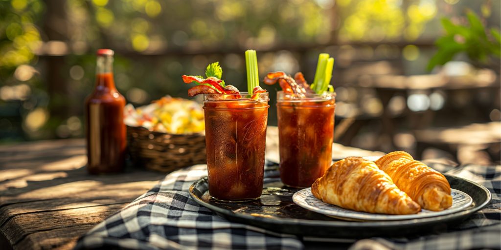 Two Virgin Bloody Mary brunch mocktails with crispy bacon and celery garnish served with a plate of croissants in a picnic setting