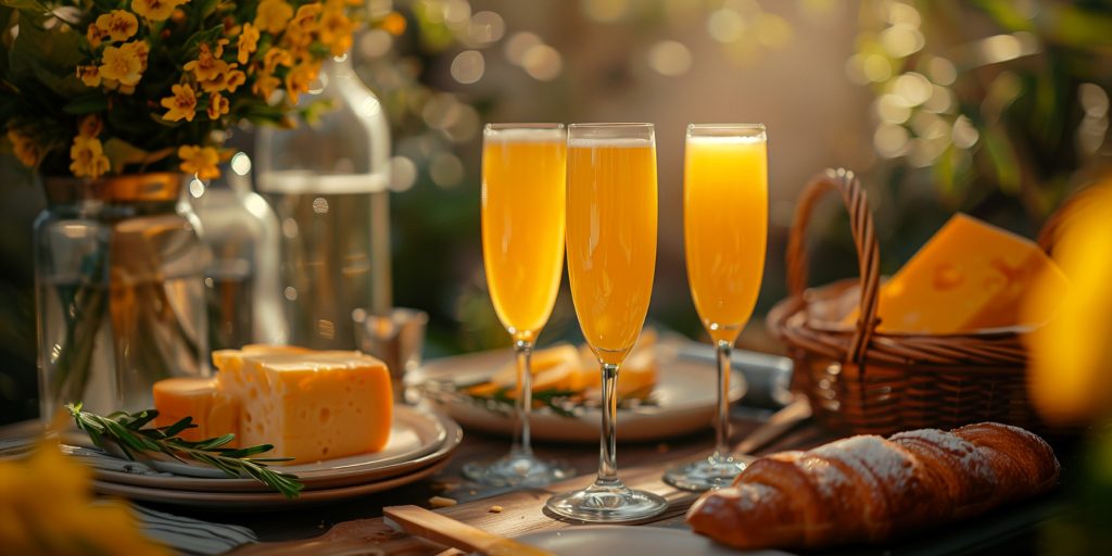 Three mimosa brunch mocktails served with cheese and pastries 
