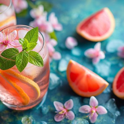 Close up of two Spring Vodka Cocktails on a blue background surrounded by spring flowers, blood orange slices and water droplets