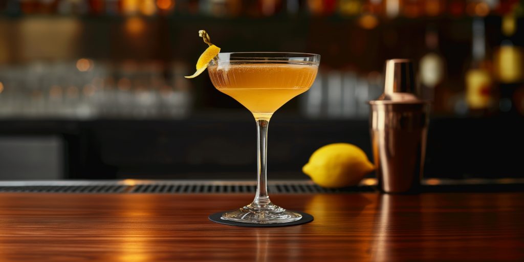 A Between the Sheets cocktails served in a coupe glass with lemon twist garnish