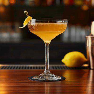 A Between the Sheets cocktails served in a coupe glass with lemon twist garnish