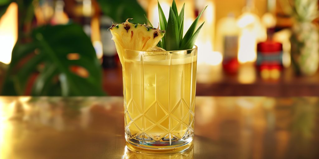 Grand Mai Tai cocktail served on the rocks with fresh pineapple and pineapple frond garnish