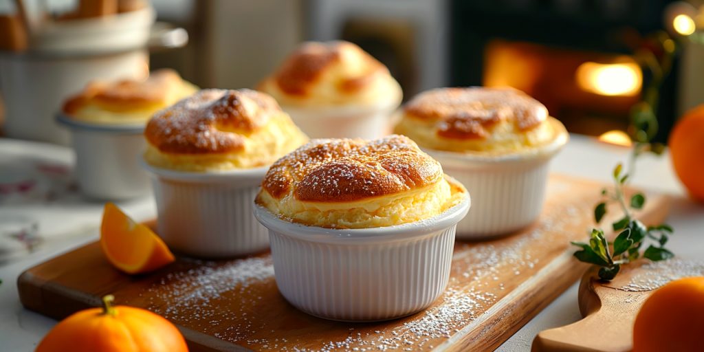 Five Grand Marnier Soufflés in a kitchen setting with an oven in the background