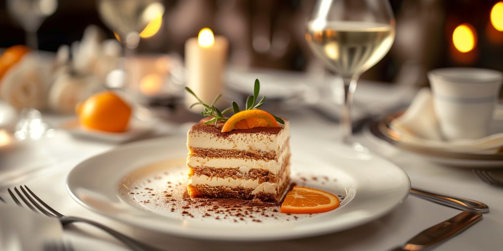 A Grand Marnier Tiramisu on a dinner party table setting