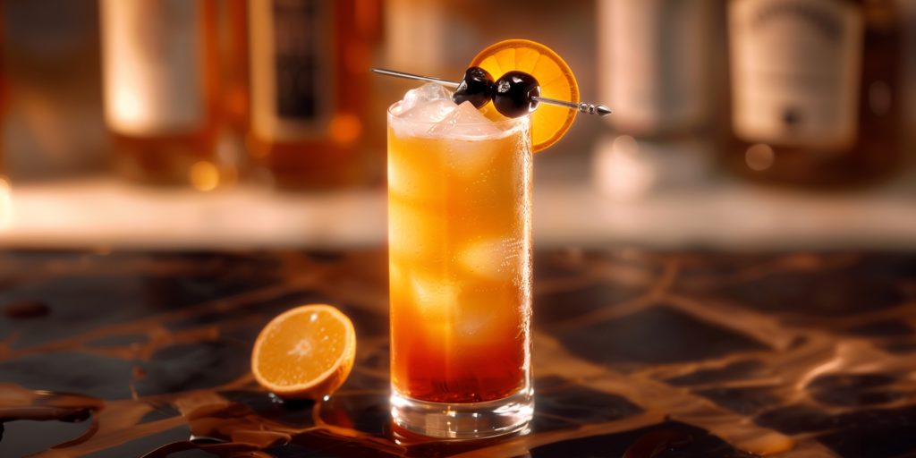 Singapore Sling cocktail served in a highball glass with ice and an orange wheel and dark cherry garnish
