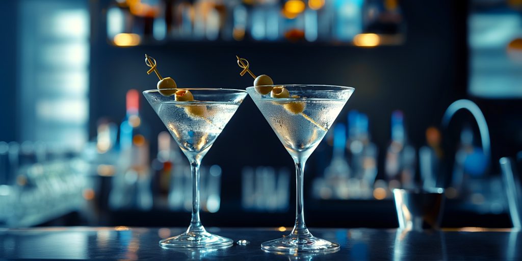 Two classic Vodka Martinis with olive garnish served in an upscale bar