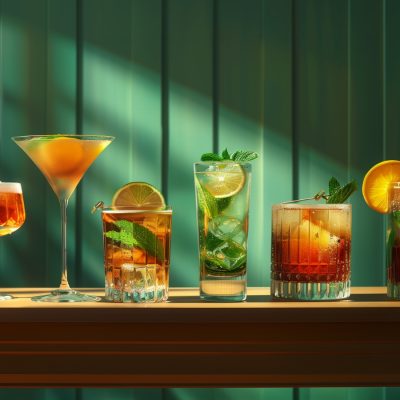 Different cocktails in a row set against a green wooden background