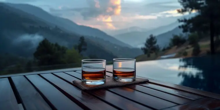 Close up of two tumblers of neat whiskey on a table outside on a luxury home veranda overlooking a dramatic wintertime landscape beyond