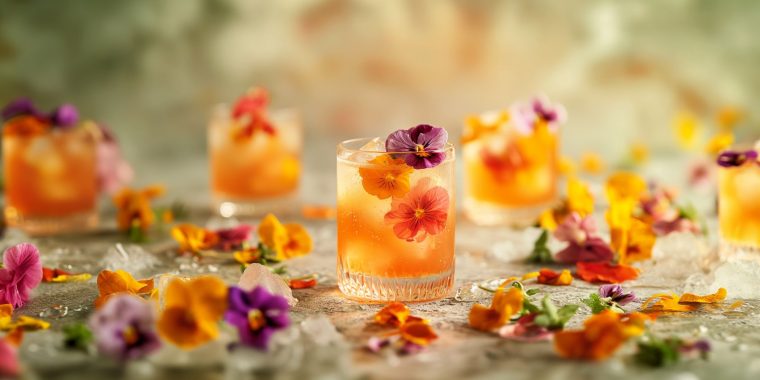 Close up of three cocktails garnished with pansies, surrounded by a scattering of pretty edible flowers for cocktails